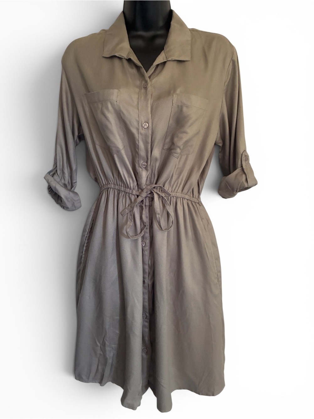 Japna Utility Shirt Dress Drawstring Waist Army Olive Green 100% Viscose Sz M - Picture 1 of 6